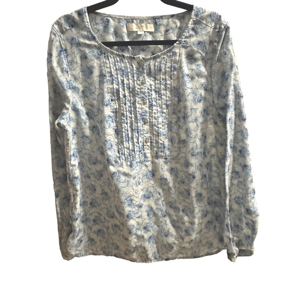 LOFT size L blue floral print 1/3 button pin tuck long sleeve Boho top